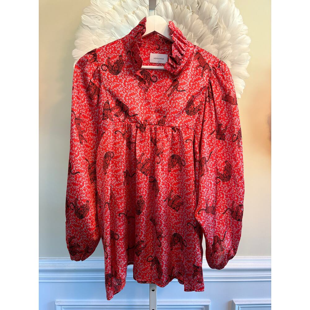 RED LEOPARD BLOUSE BY ADRIENNE SIZE L